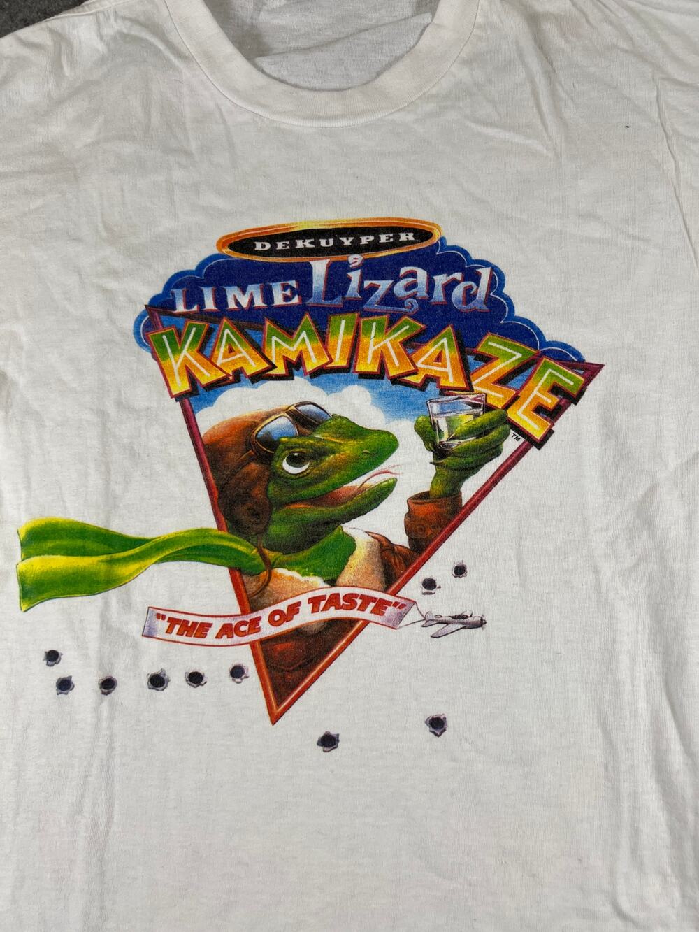 Vintage 90s DeKuyper Lime Lizard Kamikaze Shirt Mens XL White Graphic Pape Thin